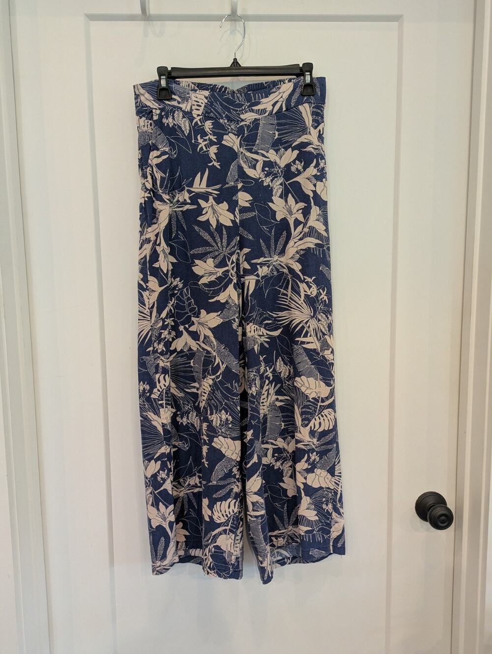 Panama Jack Women's M Linen Blend Wide Leg Tropical Pants Pockets Blue Cream